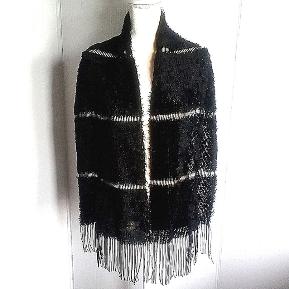 Womens PEACOCK Stylish Black Thin/Clear/Cutout Stripped Faux Fur Scarf